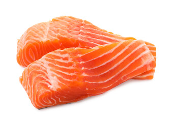 Pieces of fresh salmon isolated on white