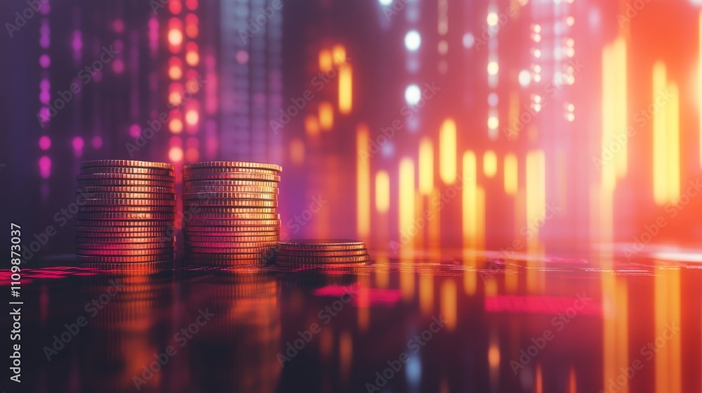 Aufkleber stacked coins reflecting stock market trends and digital data visualization