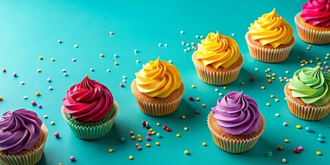 Delightful assortment of colorful cupcakes with vibrant frosting and sprinkles on a teal background