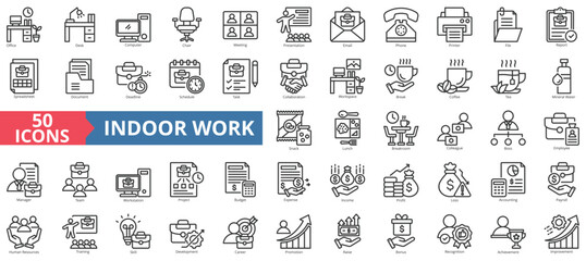 Indoor work icon collection set. Contain office, desk, computer, chair, meeting, presentation, email, printer, file, report, spreadsheet, document, deadline, schedule, task, collaboration, workplace