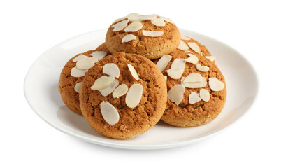 Tasty cookies with almond flakes isolated on white