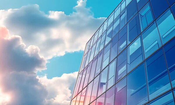 A modern glass building reflecting clouds against a bright blue sky.