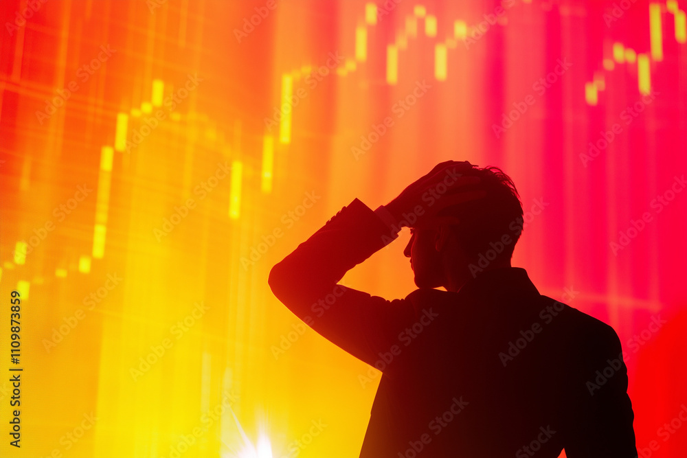Poster a stressed businessman with his hand on his head, standing in front of a large screen displaying fal