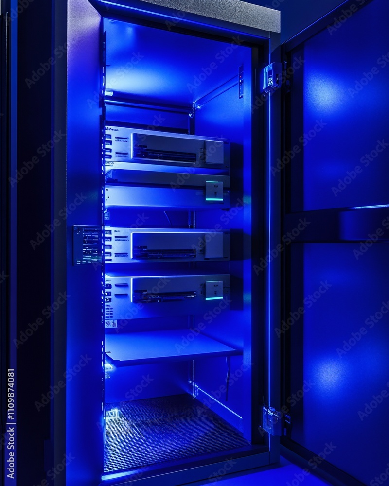 Poster a blue-lit server rack showcasing multiple data storage devices.
