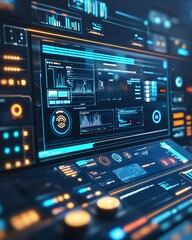 Obraz premium Futuristic interface displaying data analytics and control panels.