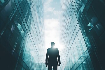 Obraz premium Businessman walking between modern skyscrapers. Concept of leadership, ambition, and success.