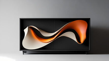 A sculptural cabinet with flowing lines and bold color accents on a soft light gray background. Sculptural. Illustration