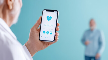 healthcare professional uses smartphone app to monitor health data, showcasing modern technology in patient care. background features calm blue tone, enhancing focus on health