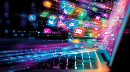 Colorful app icons stream from laptop, depicting fast digital communication and data flow.