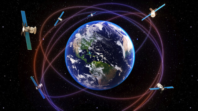 Technology communication global navigation satellite system,standard generic term for satellite navigation systems,GNSS,3d rendering , Elements of this image are decorated with NASA