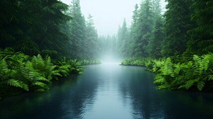 Obraz premium Serene river flowing through lush forest nature scene tranquil environment peaceful viewpoint natural beauty concept
