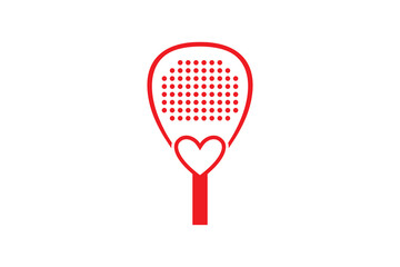 Red heart Love padel racket and ball icon logo design vector