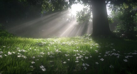 Obraz premium sun rays shining on green grass, with trees in the background and small flowers scattered across the ground