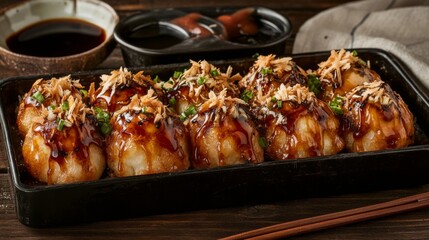 Delicious Takoyaki Served on a Black Plate with Toppings
