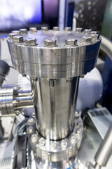 Steel parts of machinery are used in manufacturing or scientific industries.