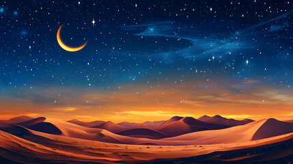 Fototapeta premium Crescent Moon and Starlit Desert Horizon