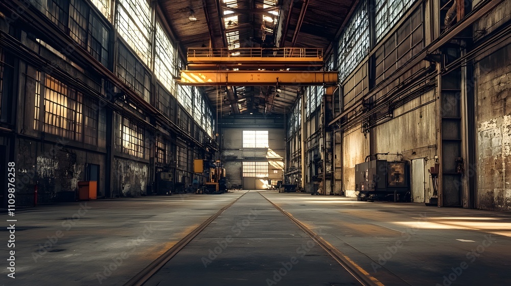 Poster a large industrial building with a yellow line down the middle. the space is empty and the yellow li