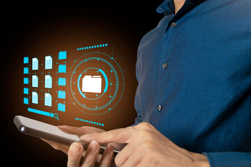 Businessman look up documents and sort items for efficiency.,Systematic search document information concept.,defragmentation