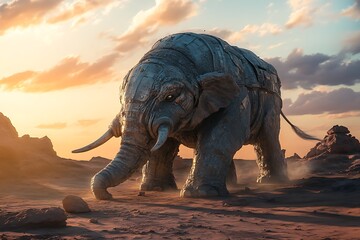 Fototapeta premium A mechanical elephant traverses a rocky landscape at sunset, blending nature with technology.