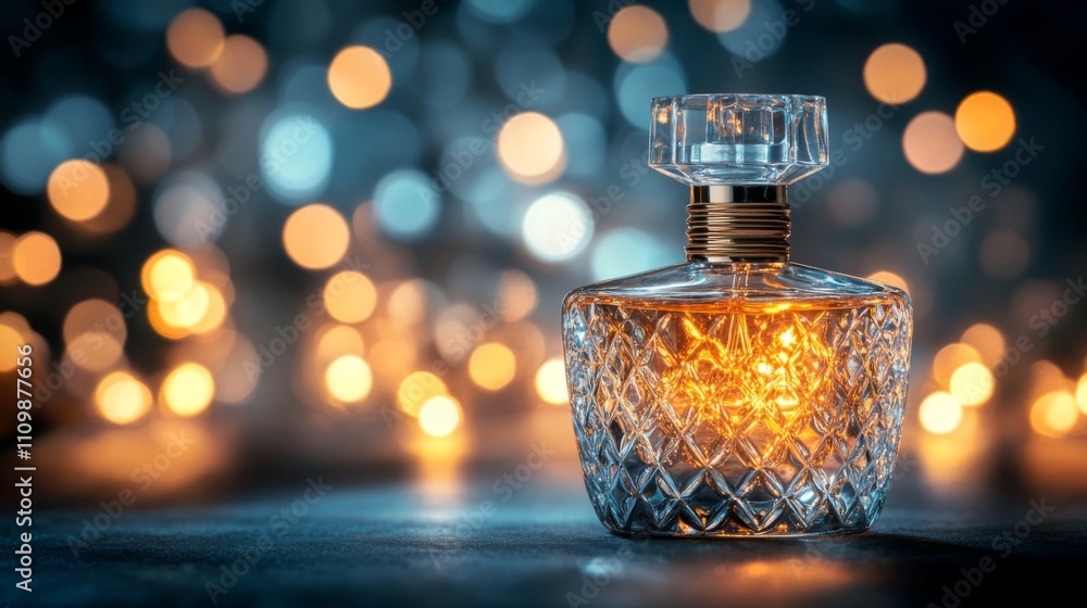 Poster elegant crystal perfume bottle with soft bokeh background lights