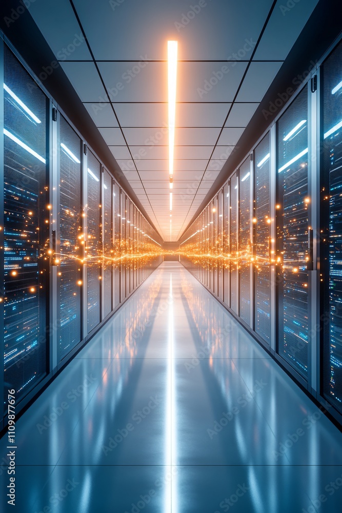 Poster a futuristic data center corridor illuminated with light and digital particles.