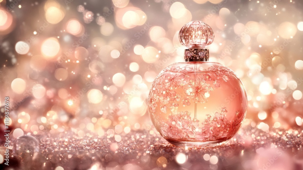 Poster Elegant Perfume Bottle with Beautiful Bokeh and Sparkling Background