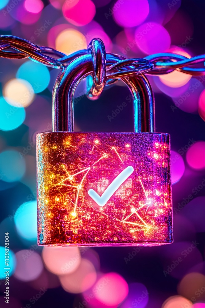 Poster a glowing padlock with a checkmark, symbolizing security and approval against a colorful backdrop.