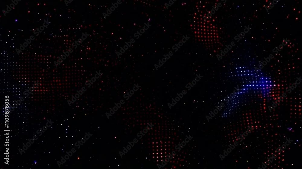 Poster animated clusters of rgb dots creating intricate, glowing patterns with a cosmic feel on a black bac