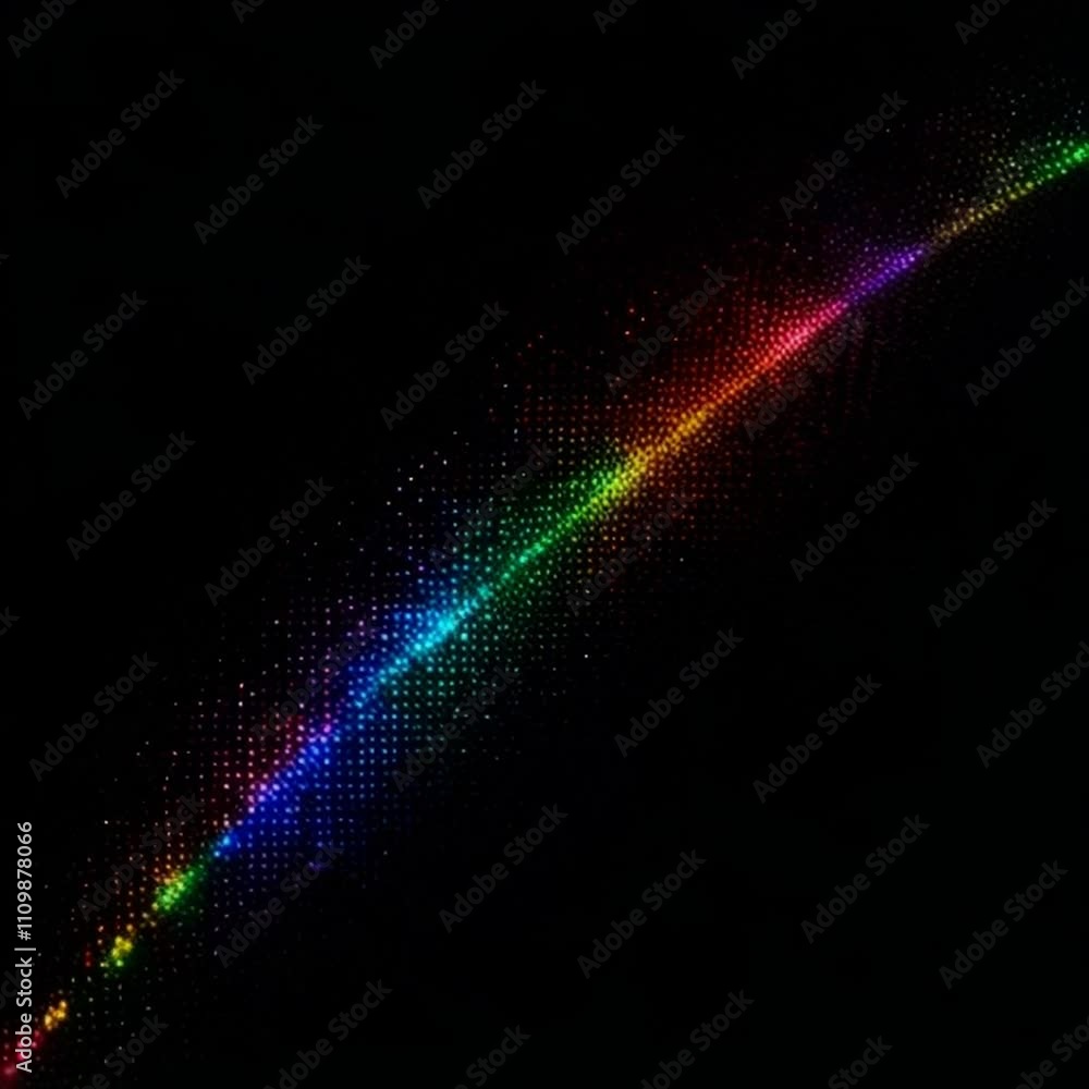 Poster a colorful diagonal streak of rgb dots moving smoothly on a black background, creating a dynamic vis