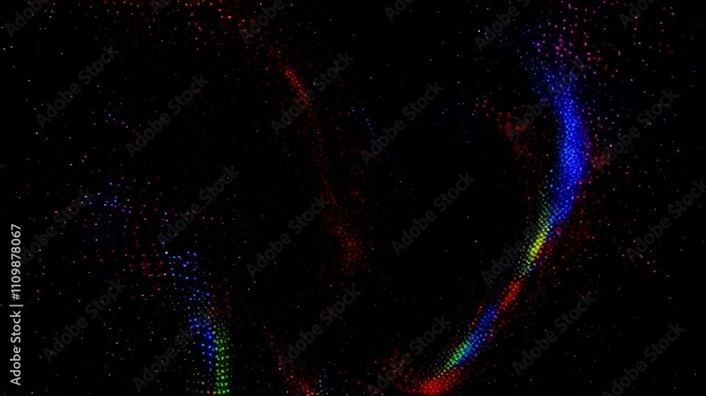 Poster abstract flow of scattered rgb dots forming vibrant patterns on a black background with smooth, flui