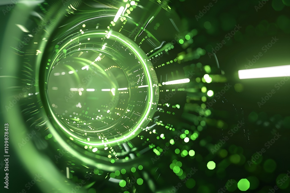 Poster a futuristic tunnel with glowing green lights and abstract patterns.