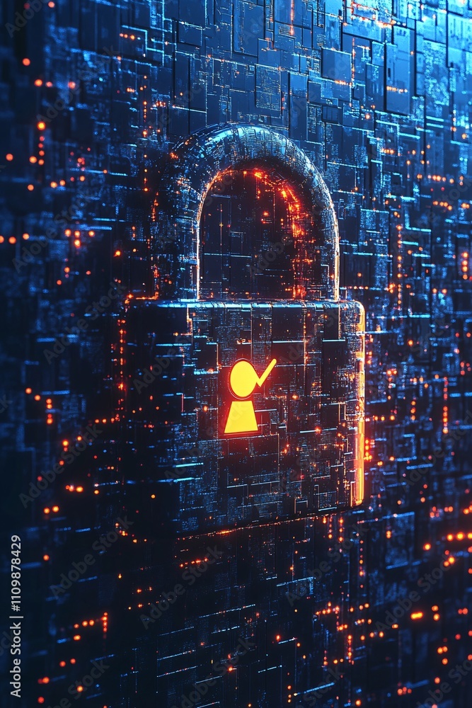 Poster a digital lock symbol on a futuristic background, representing cybersecurity and data protection.