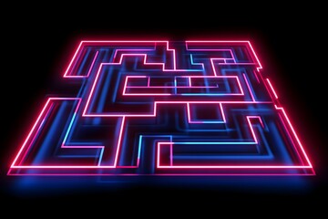 An electrifying escape room maze with neon lights set against a black background.