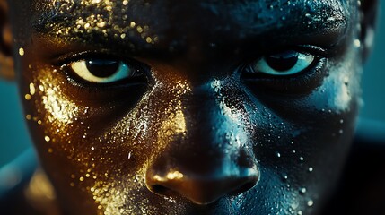 Naklejka premium Close-up portrait of a young man's face with gold and blue accents.