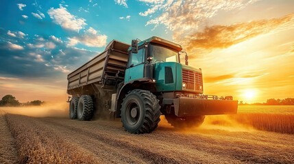 Combine harvester unloading grain into a truck, mid-action, dust, golden sunset,