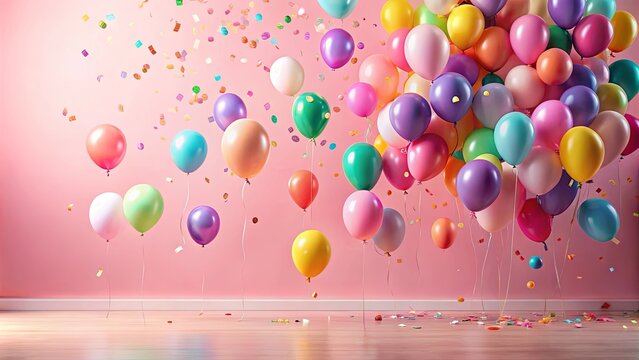 A vibrant collection of pastel and bright balloons floats against a pink wall, celebrating joyous occasions with colorful confetti