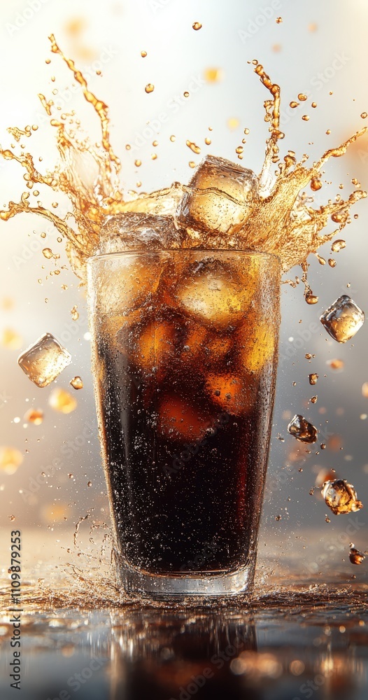 Poster refreshing cola drink with ice cubes splashing in a glass. perfect for summer ads or beverage concep