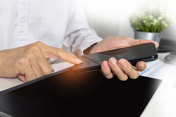 Office workers touch screens, hands and electronic devices