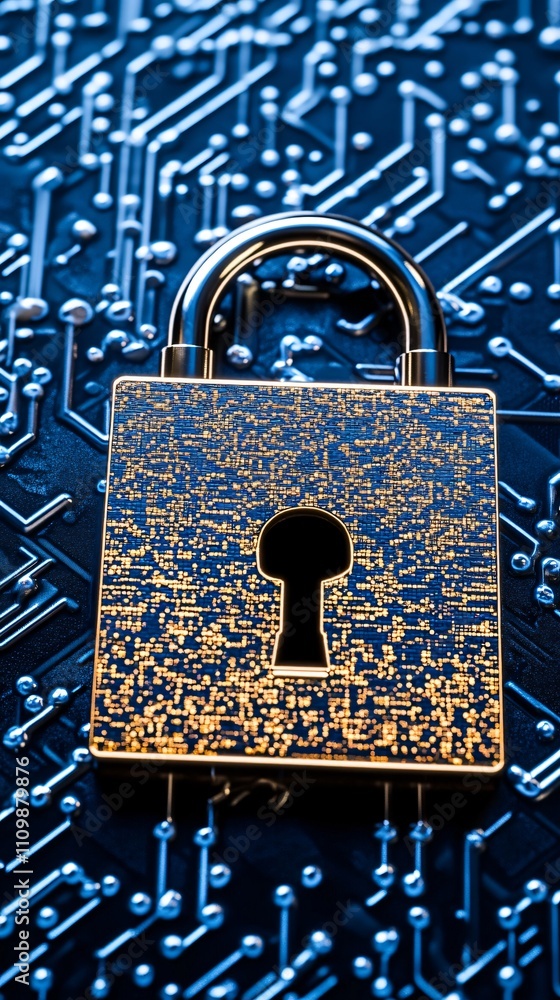 Poster a padlock on a circuit board background symbolizes security and technology.