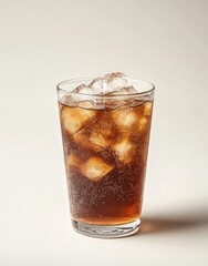 Refreshing cola drink with ice cubes in a tall glass, close-up studio shot against a neutral background.  Perfect for advertisements or beverage-related content.