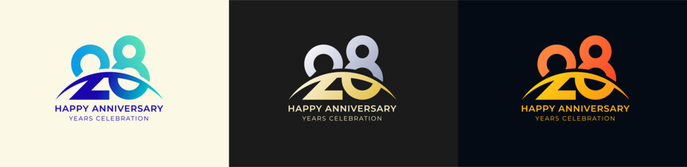 Logo Anniversary with Swoosh Sunrise  28th, 28th Happy Anniversary with Colorful Gradient, Luxury Gold and Silver.