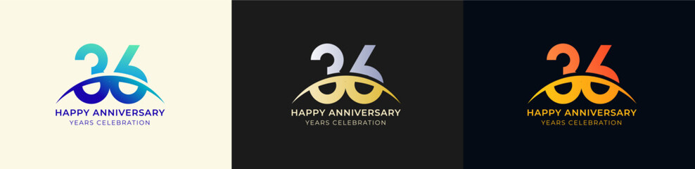 Logo Anniversary with Swoosh Sunrise  36th, 36th Happy Anniversary with Colorful Gradient, Luxury Gold and Silver.