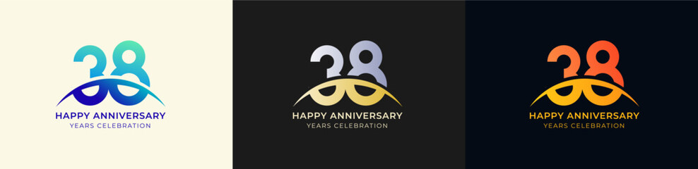 Logo Anniversary with Swoosh Sunrise  38th, 38th Happy Anniversary with Colorful Gradient, Luxury Gold and Silver.