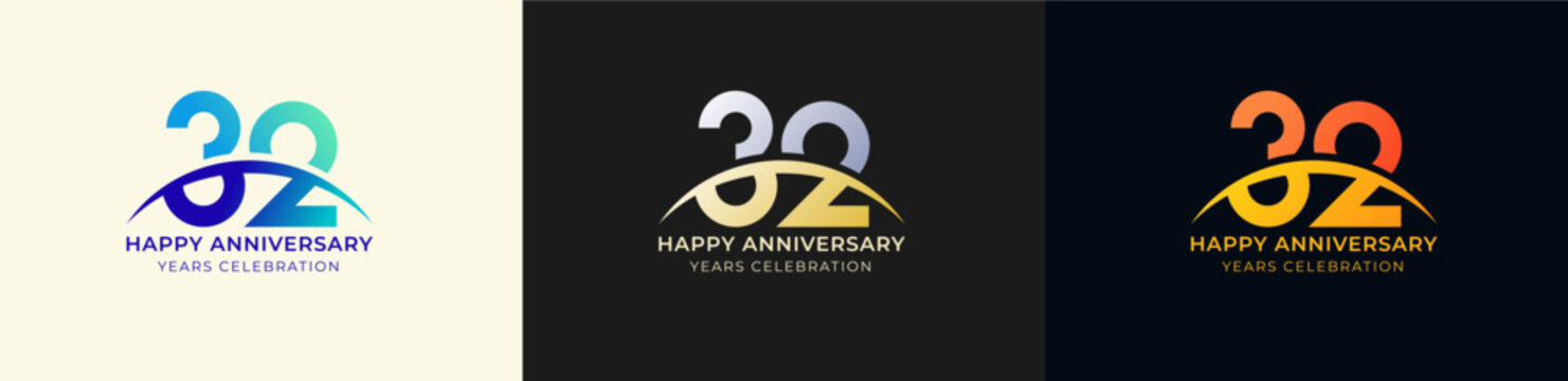 Logo Anniversary with Swoosh Sunrise  32th, 32th Happy Anniversary with Colorful Gradient, Luxury Gold and Silver.