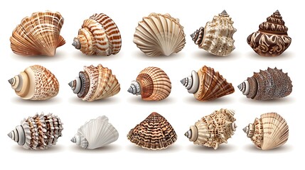 Collection of various seashells isolated on white background.