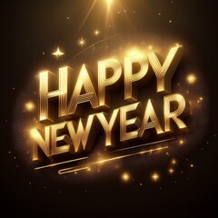 Happy New Year text effect with a modern and elegant style. Use sleek gold and silver gradients, a soft glow, and subtle sparkles. Set against a dark, minimalist background.