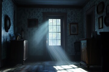 A dimly lit room with sunlight streaming through an open door, creating a serene atmosphere.
