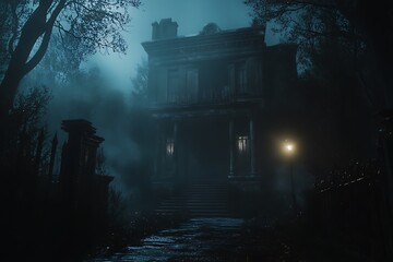 A haunting, fog-covered mansion looms ominously in a dark, eerie landscape.
