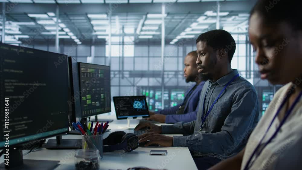 Poster team of engineers in data center developing and maintaining disaster recovery plans ensuring minimal