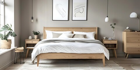 A simple Scandinavian-style bedroom featuring a clean, minimalist design with neutral colors, a wooden bed frame, and functional decor, creating a serene and stylish living space